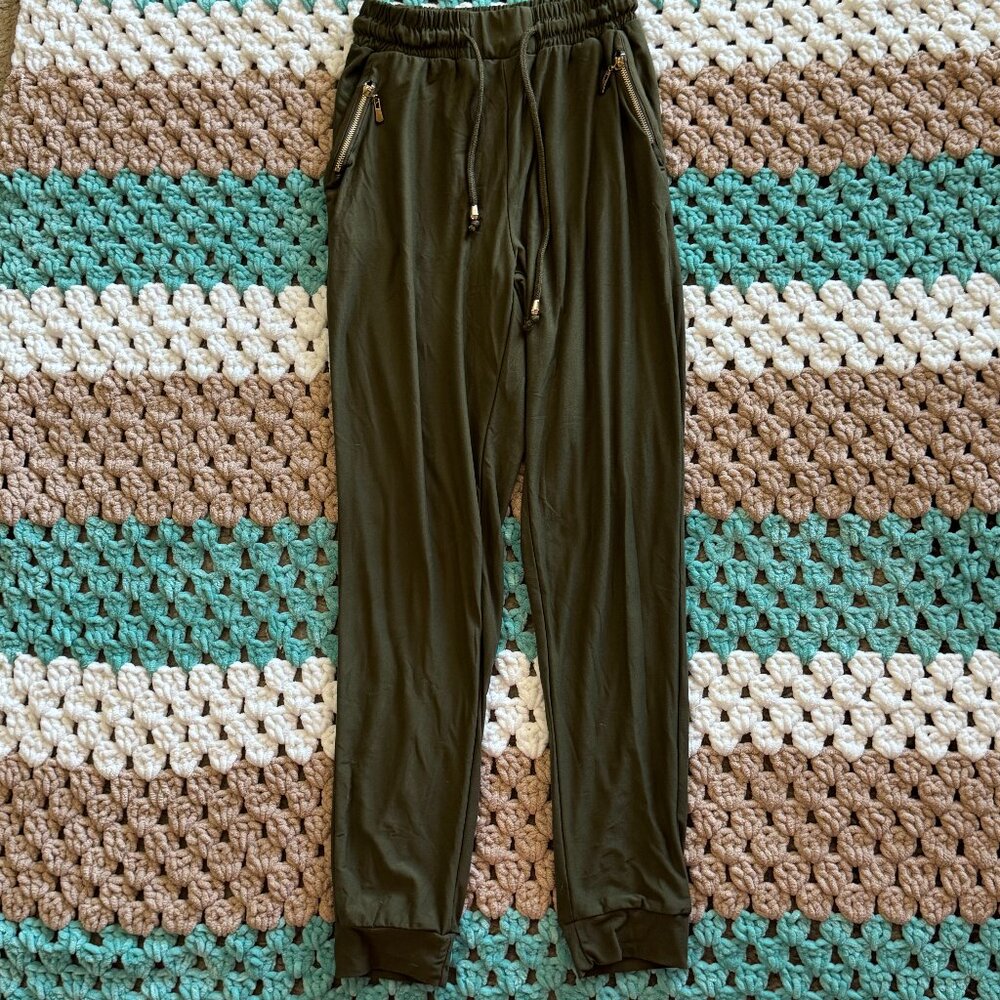 Olive Green Gold Zipper Soft Joggers Drawstring Elastic Waist Pants Womans Small